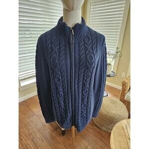L.L Bean Navy Cableknit Cardigan Full Zip Sweater Women’s Size M Preppy